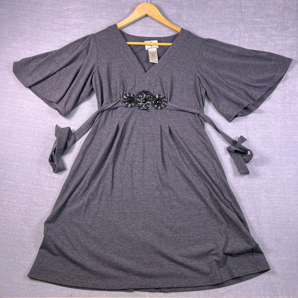 Ice Beaded Empire Waist Flutter Sleeve V-Neck Dress Womens M Gray Viscose Blend